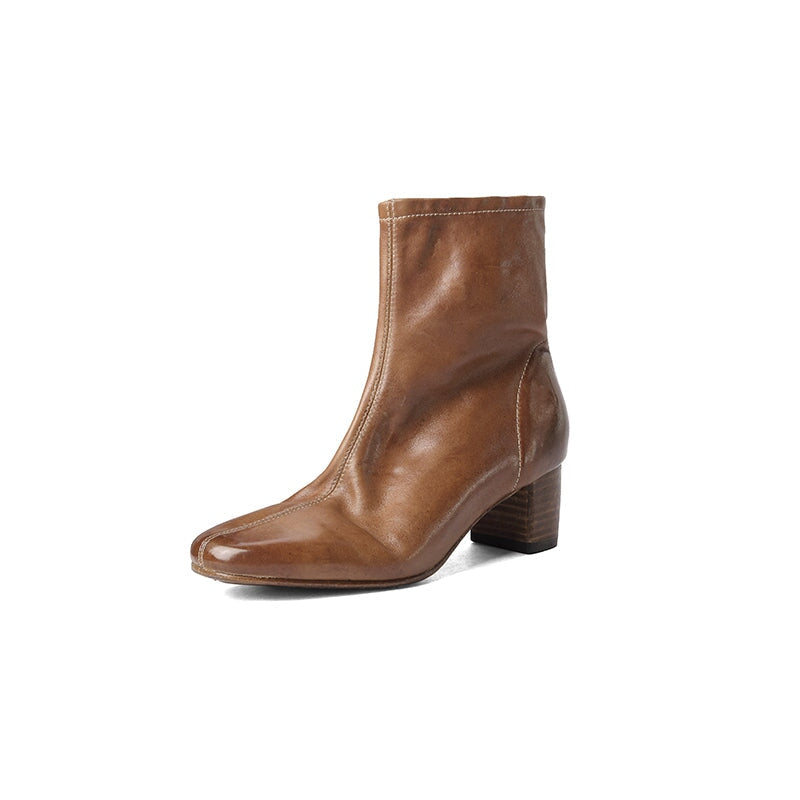 Horse Leather Western Boots Short Boots Side Zip For Women In Black/Brown/Apricot