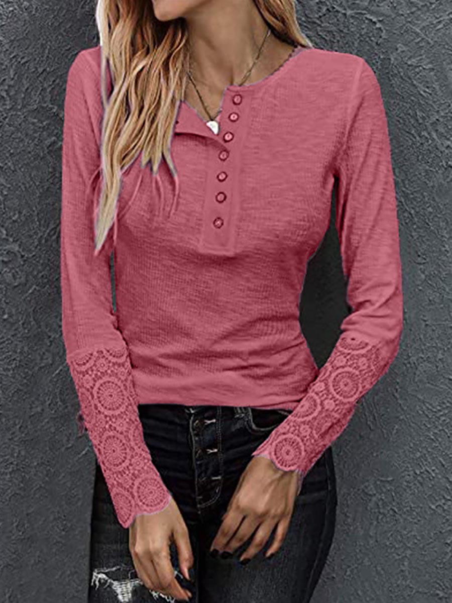 Round Neck Stitching Lace Long Sleeve T-Shirt(14 colors)