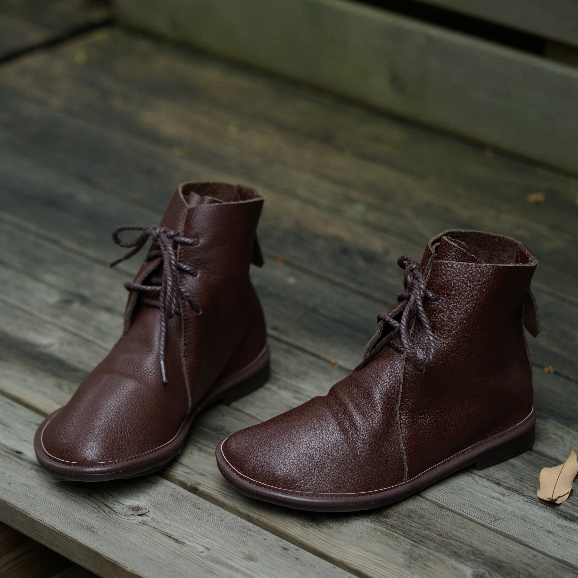Handmade Women's Leather Barefoot Booties Round Toe Lace-Up Flat Ankle Boots Brown/Black/Coffee