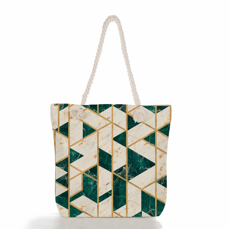 Women's Medium Canvas Geometric Flower Basic Classic Style Square Zipper Tote Bag