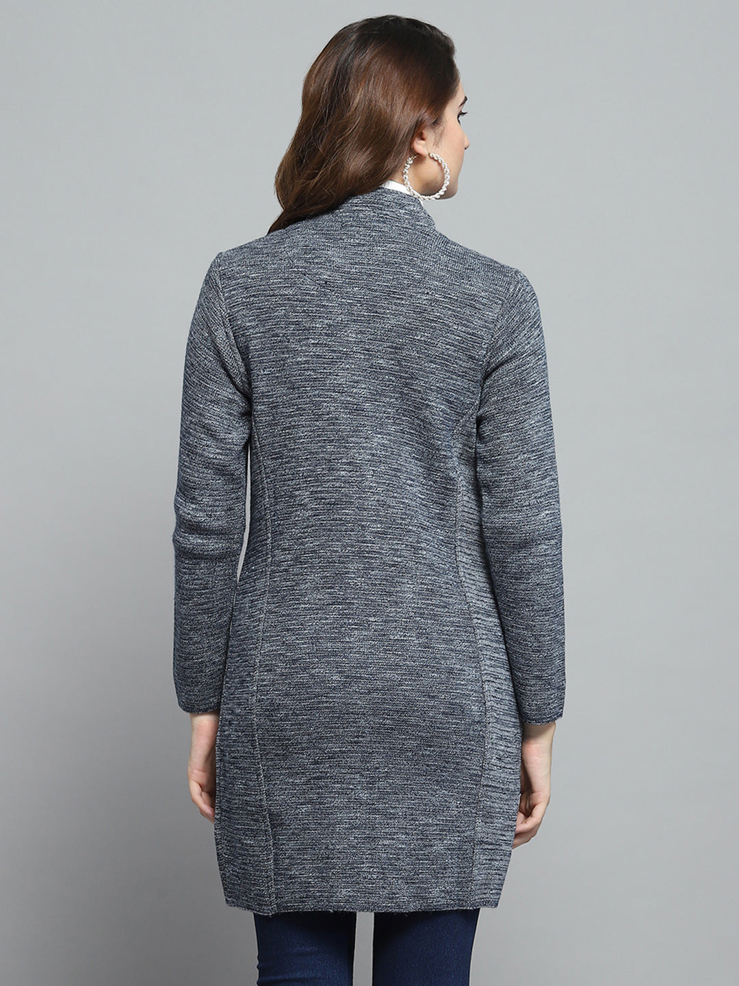 Women Grey Self Design Round Neck Full Sleeve Knitted Coat