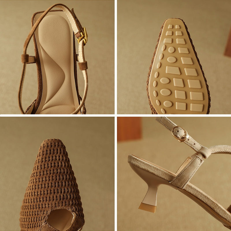 Almond Toe Woven Sheepskin Slingback Kitty Heel Sandals in Black/Apricot/Brown
