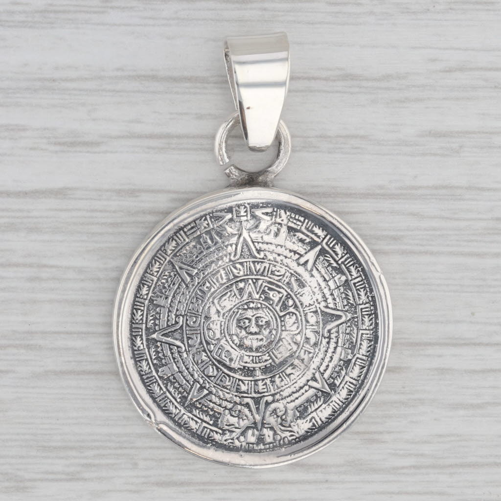 Aztec Sun Calendar Coin Medallion Pendant Sterling Silver