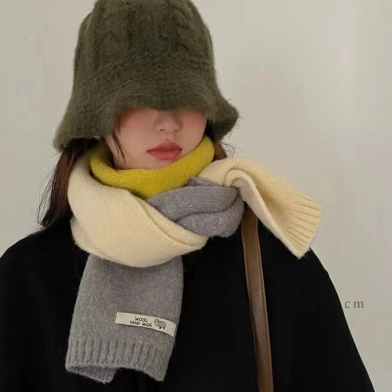New Autumn And Winter Style Contrast Color Scarf Female Neck Protection Korean Cute Student Warm Knitted Scarf Male