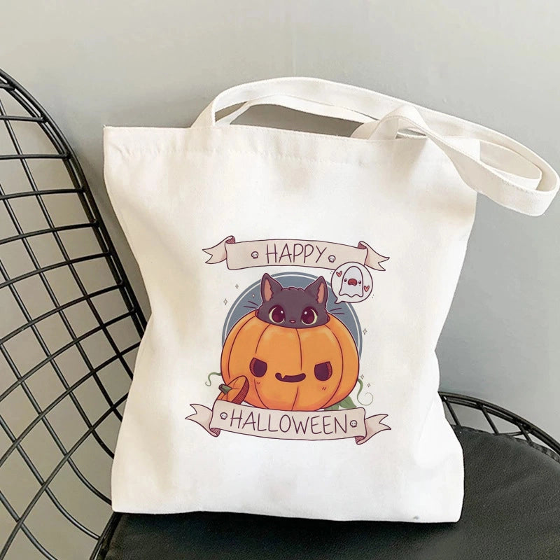 Halloween Unisex Canvas Animal Pumpkin Letter Streetwear Square Open Shoulder Bag Canvas Bag