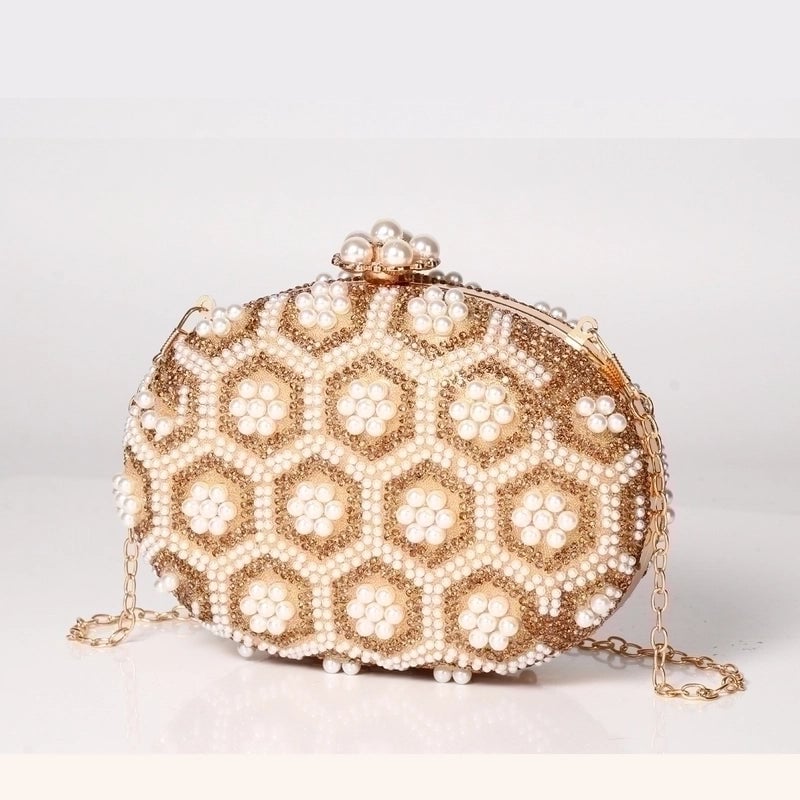 Gold Pu Leather Flower Oval Evening Bags