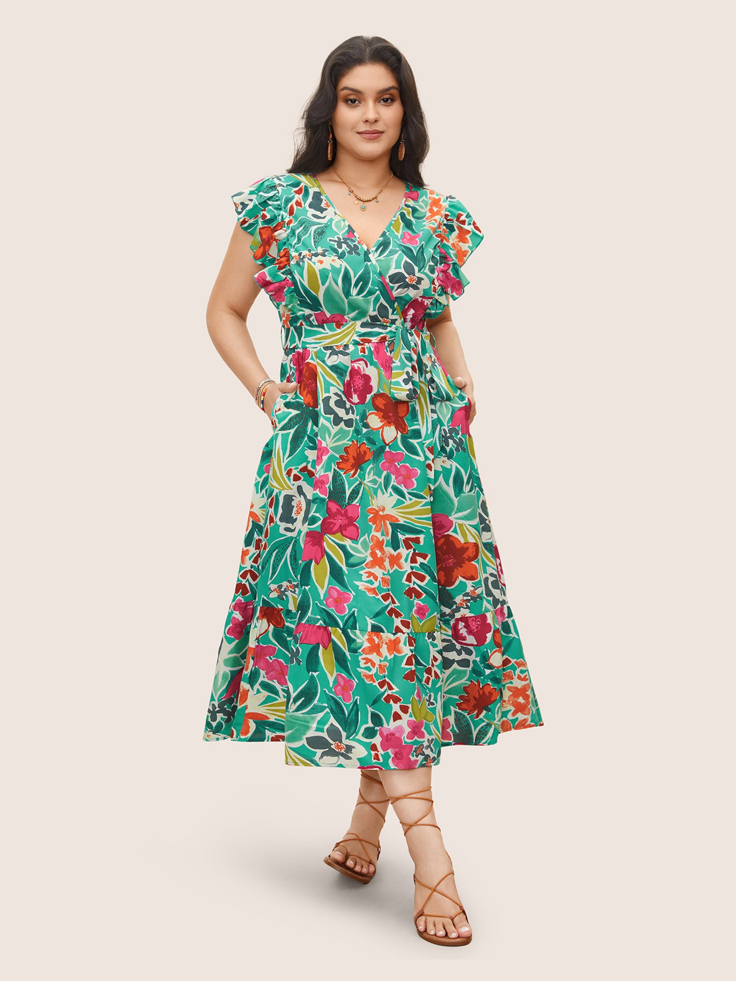 Floral Wrap Patchwork Ruffle Cap Sleeve Dress