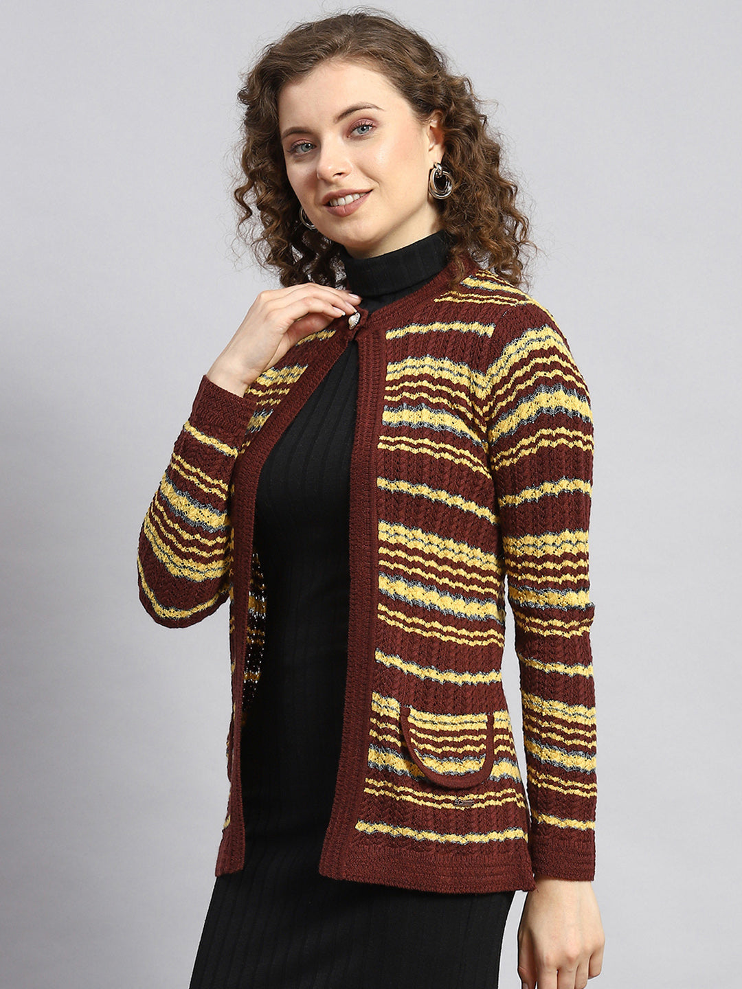 Women Maroon Stripe Cardigan