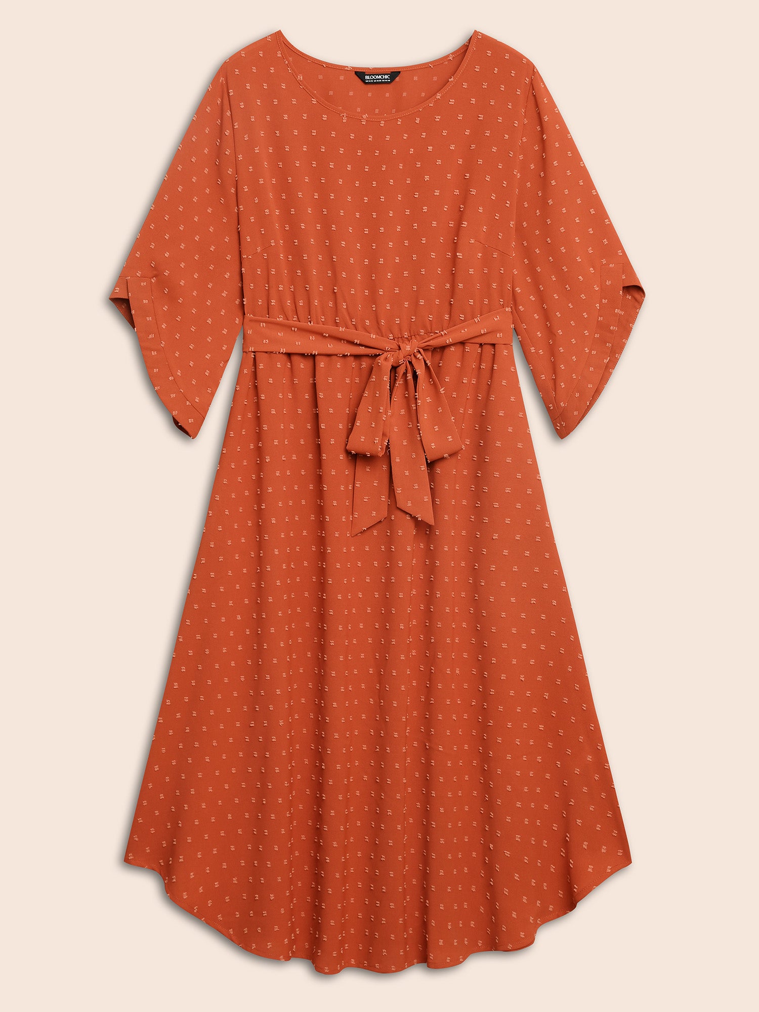 Textured Bell Sleeve Belted Arc Hem Dress