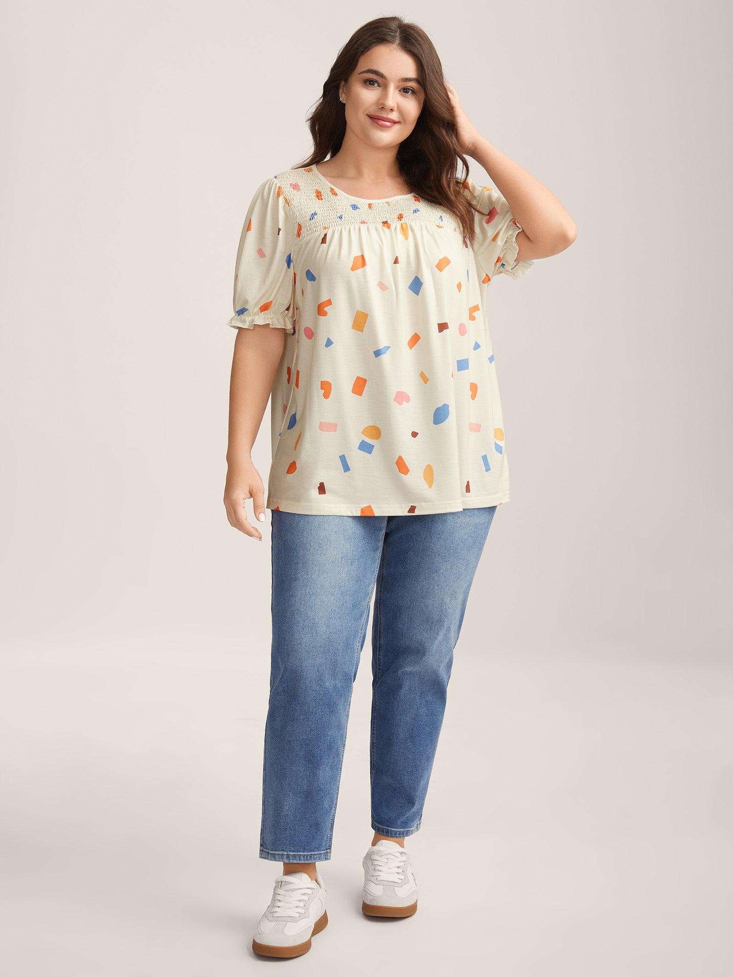 Confetti Print Shirred Round Neck T-Shirt