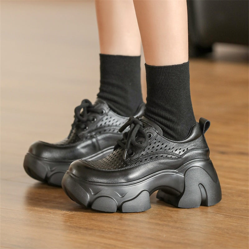 Womens Handmade Leather Platform Oxfords For Summer Perforated Design in Beige/Khaki/Black