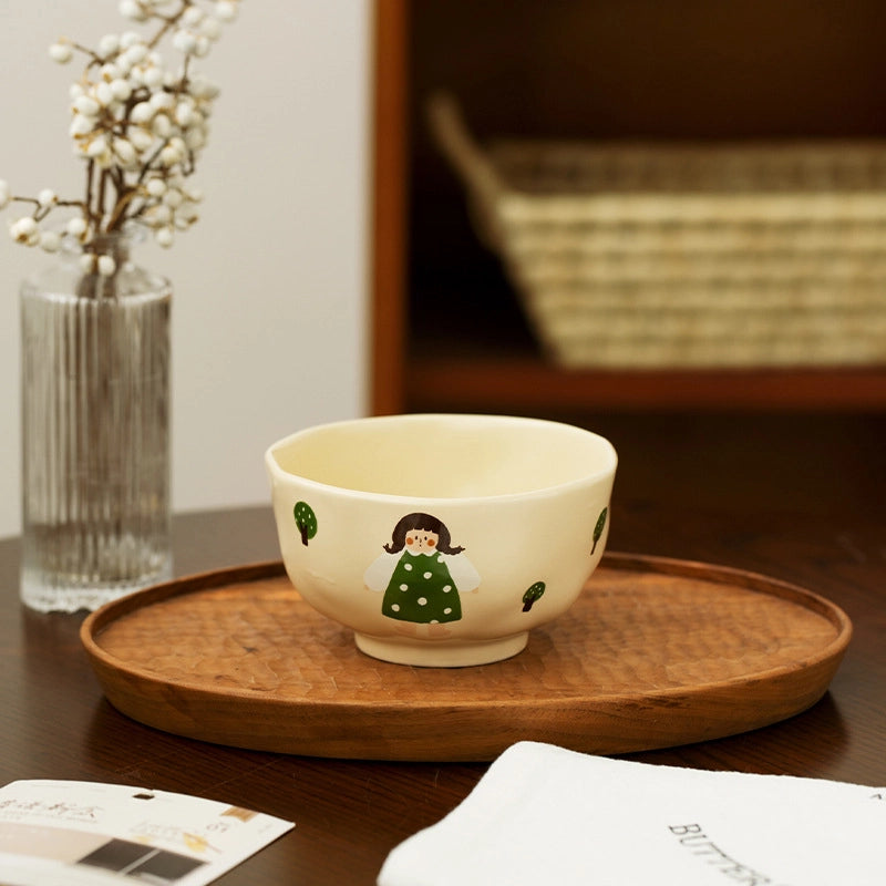 Vintage Girl's Dinner Plate Cute Plate Household Ceramic Plate Cartoon Plate Rice Bowl Small Bowl Mug With Lid