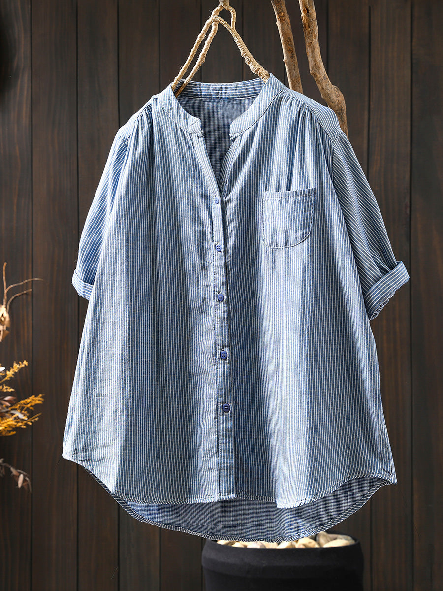 Women Summer Casual Stripe V-Neck 100%Cotton Shirt
