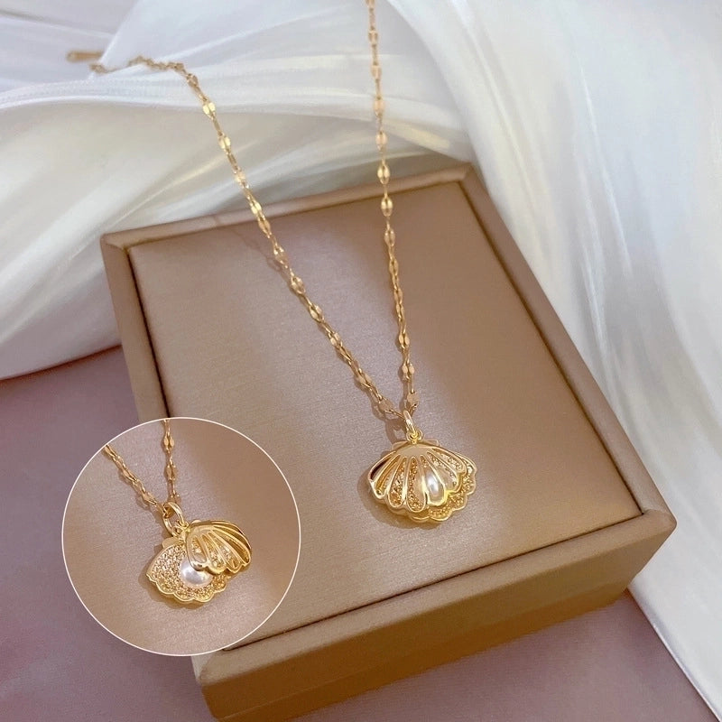 Modern Style Shell Titanium Steel Copper Inlay Pearl Zircon Pendant Necklace