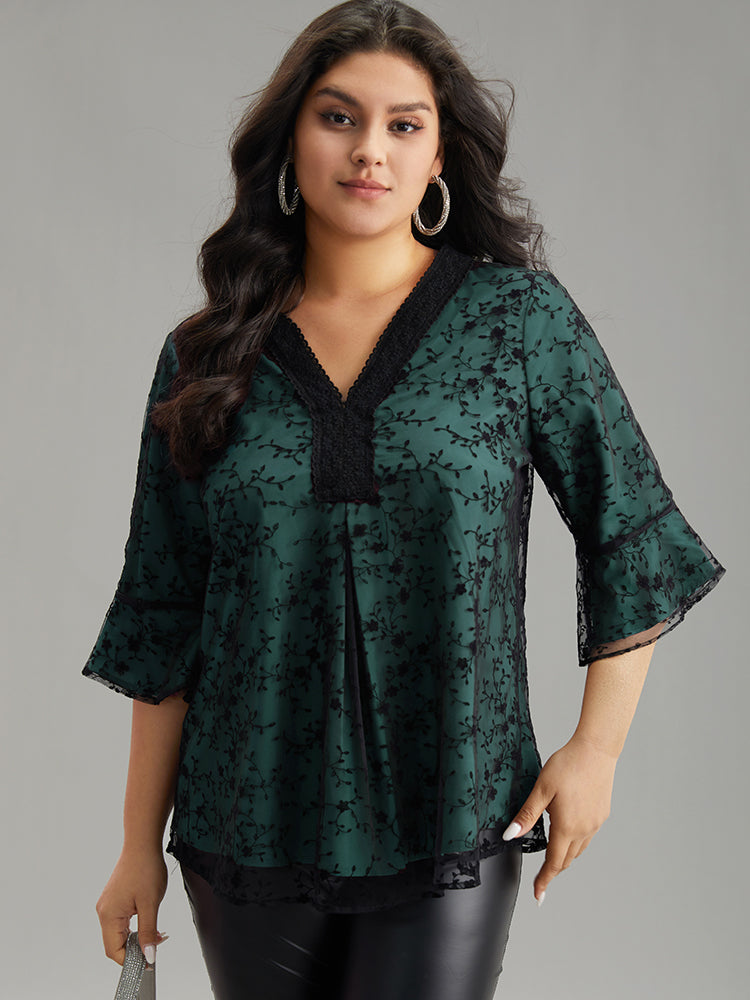 Crochet Lace Mesh Bell Sleeve Blouse