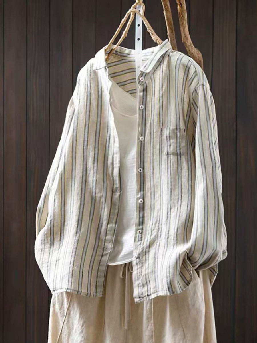 Women Summer Stripe Turn-down Collar 100%Linen Shirt
