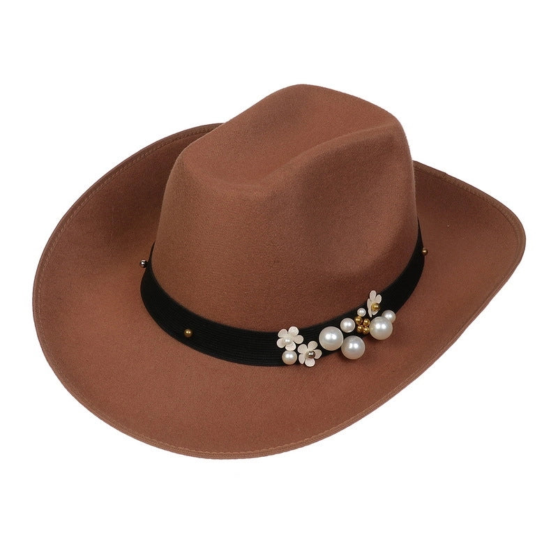 New Woolen Hat Western Denim Top Hat Men And Women Couple Hat Big Brim Curling Felt Hat