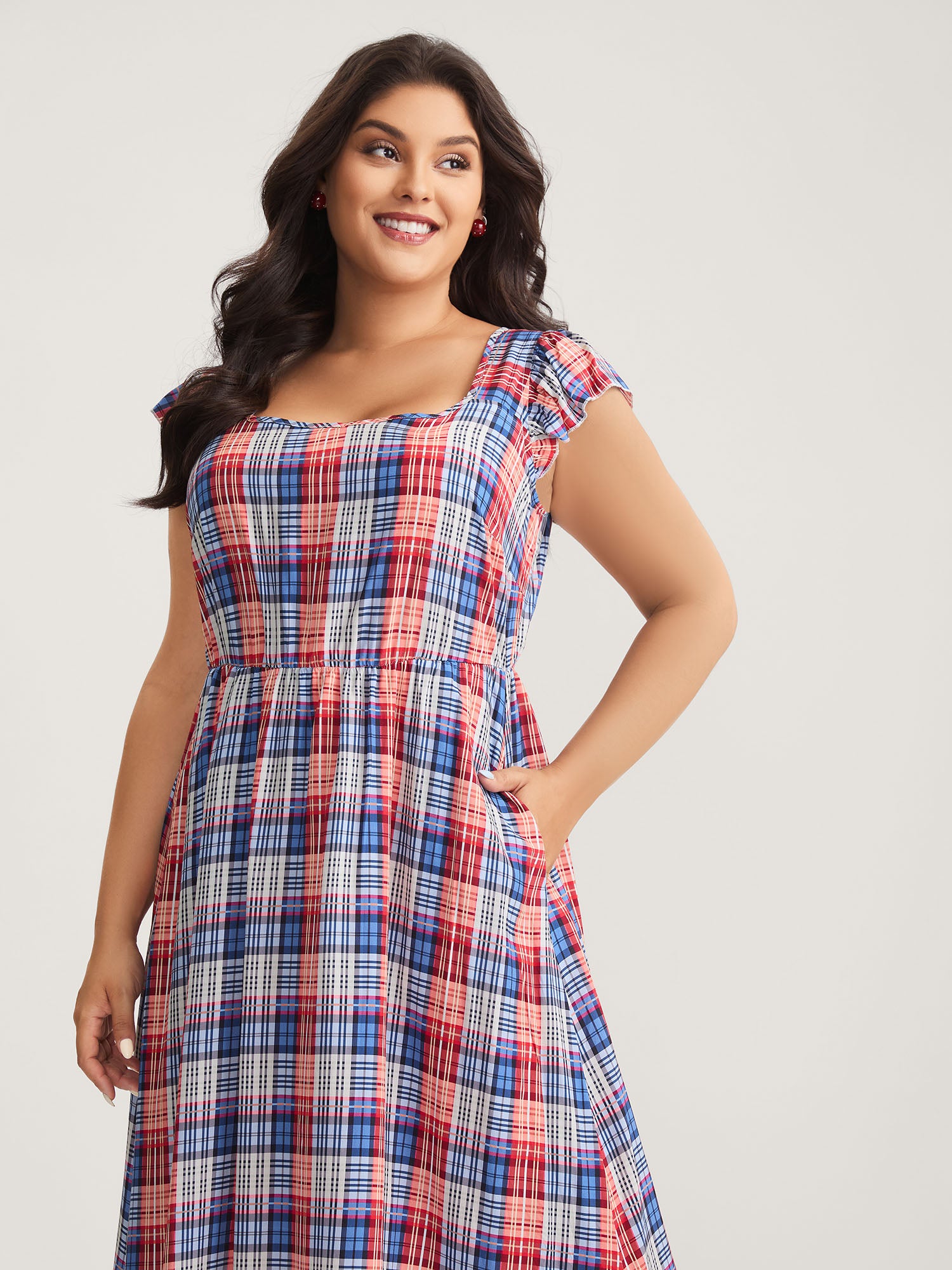 Plaid Print Flutter Sleeve Pockets Midi Dress