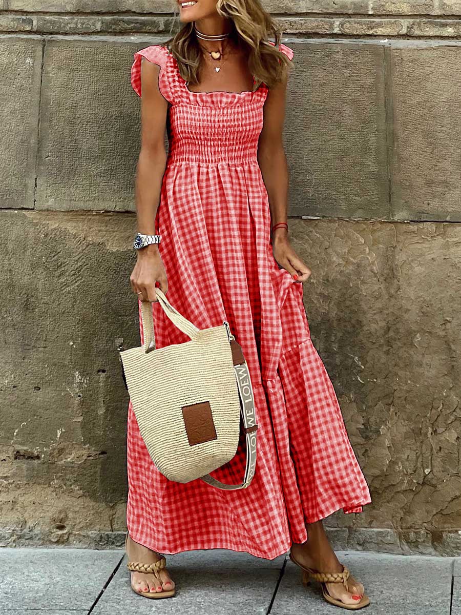 Collage Plaid Halter Casual Big Hem Dresses