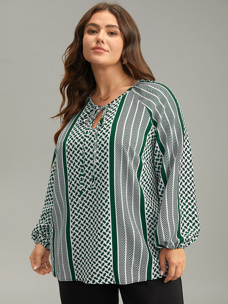 Geo Striped Tie Lantern Sleeve Blouse