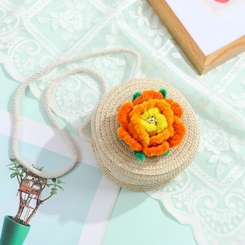Women's Small Straw Solid Color Flower Vacation Beach Weave Round Zipper Straw Bag