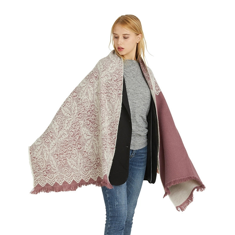 Niche Warm High-grade Scarf Women's Solid Color Cashmere Versatile Lace Stitching Dual-purpose Scarf