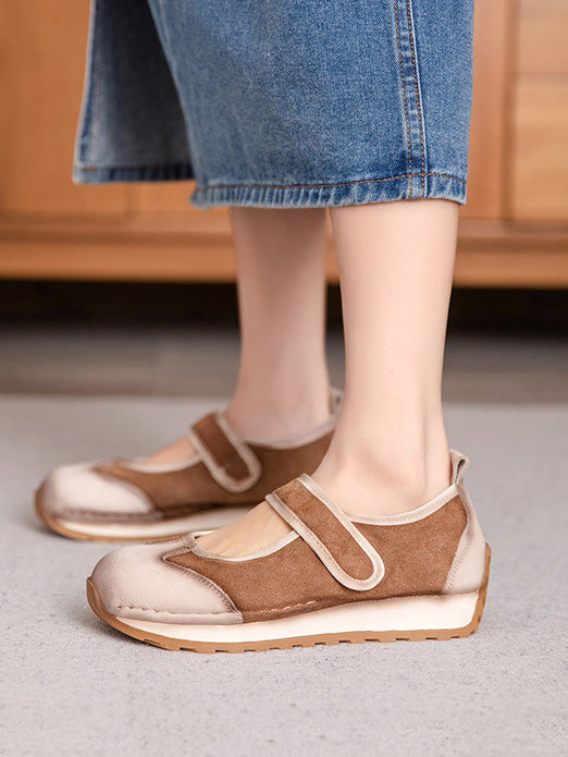 Women Summer Vintage Colorblock Leather Low Heel Shoes