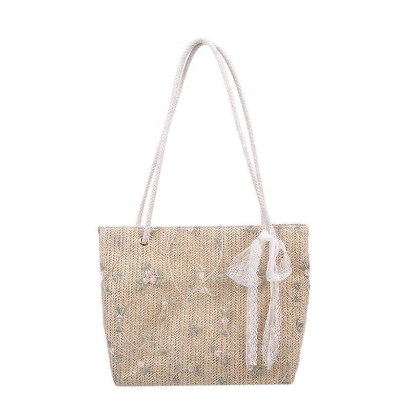 Women's Medium Straw Flower Bow Knot Cute Square Magnetic Buckle Underarm Bag