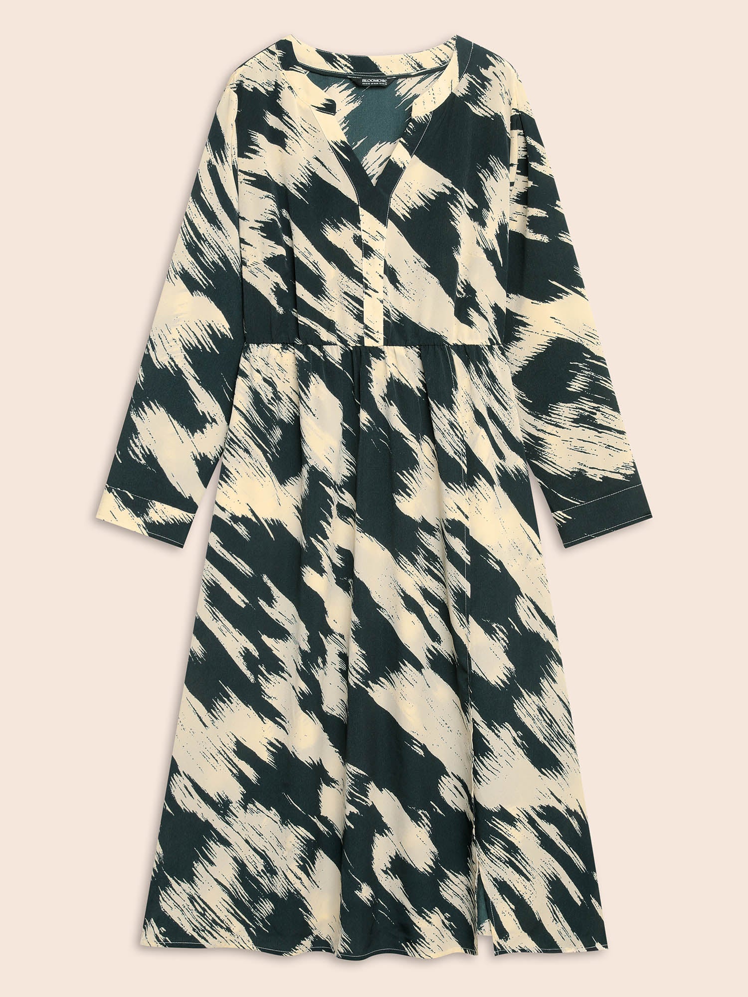 Brush Print Notched Collar Midi Dress