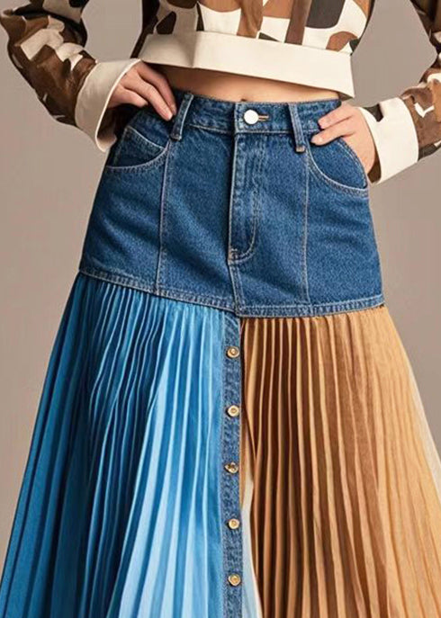 French Navy Asymmetrical Patchwork Denim Pleated Skirt Spring