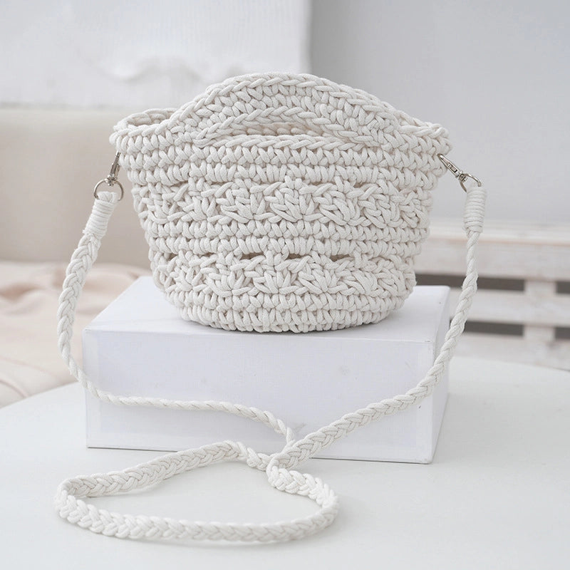 Women's Small Cotton Rope Solid Color Vacation Classic Style Weave Bucket Open Straw Bag