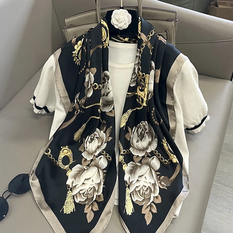 Women's Elegant Vacation Stripe Flower Polyester Silk Scarf