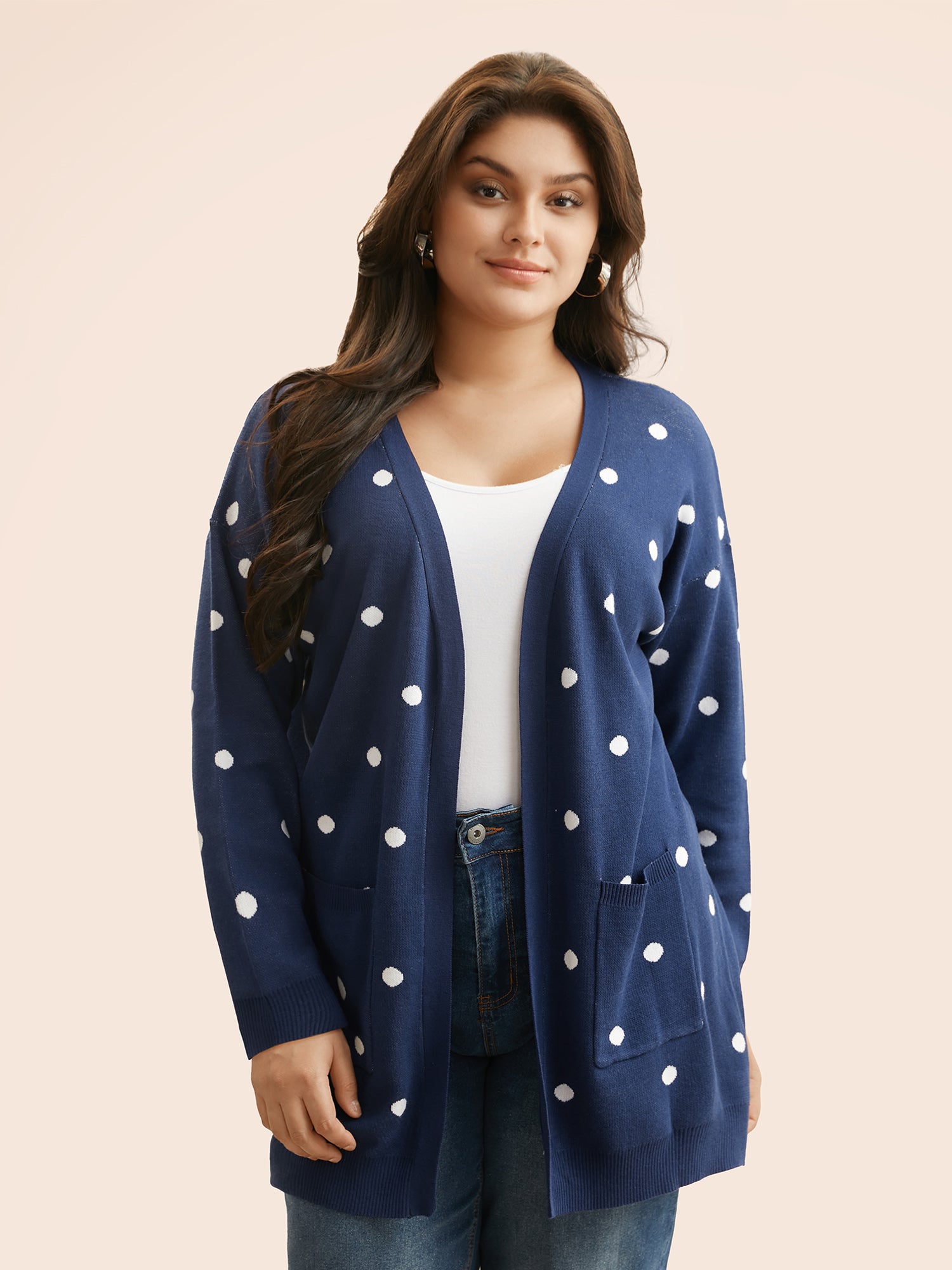 Polka Dot Kimono Collar Patch Pocket Cardigan