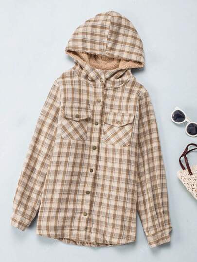 Plaid Print Teddy Lined Hooded Coat