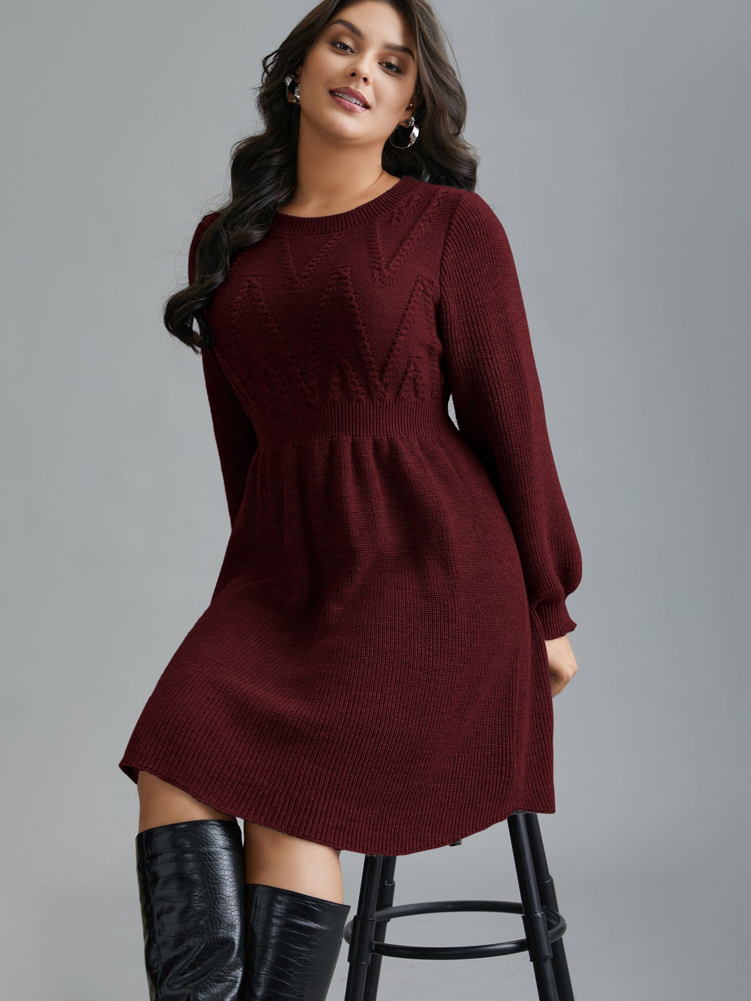 Cable Knit Elastic Waist Midi Sweater Dress