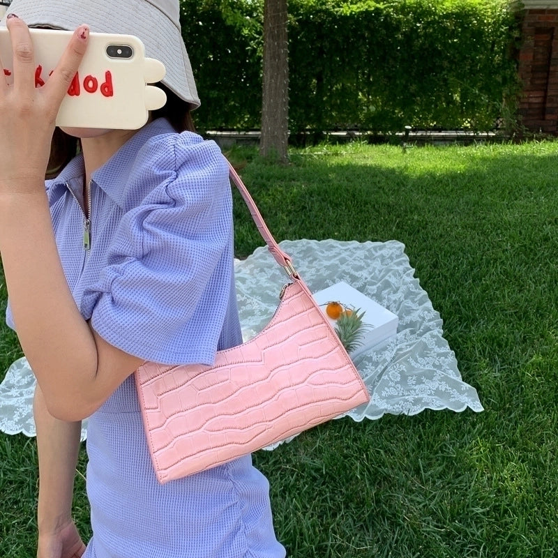 Stone Pattern Zipper Solid Color Shoulder Underarm Bag