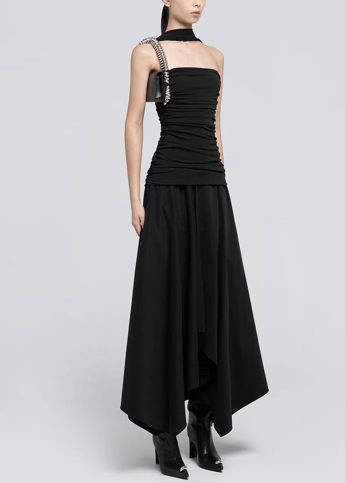 Italian Black Wrinkled Solid Cotton Long Dress Sleeveless