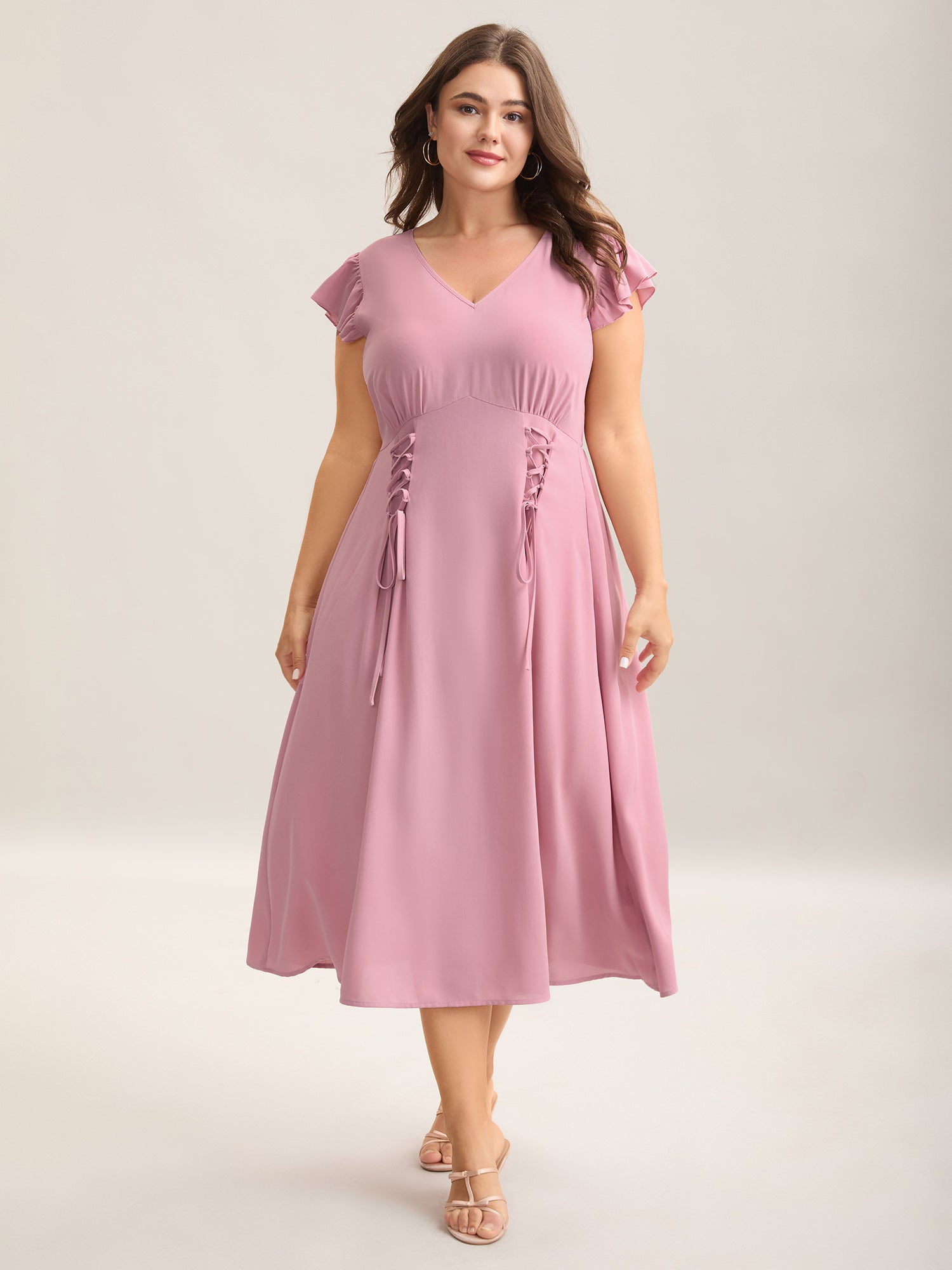 Tie-Up Panels Solid Pockets Midi Dress