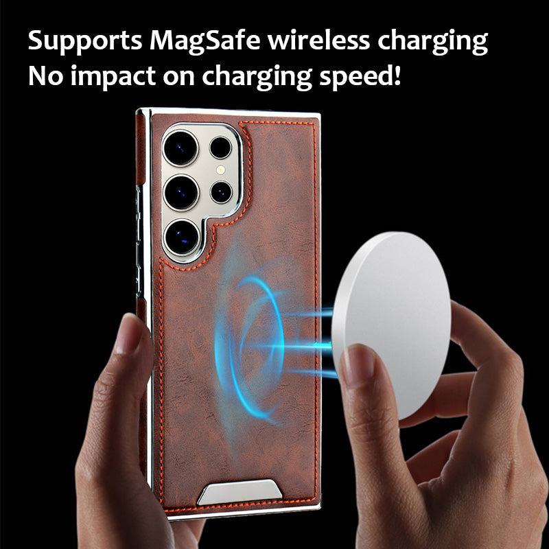 Antilekhoesje voor mobiele telefoon met volledig oppervlak. gemaakt van echt leer (Samsung Galaxy S23 S24 Plus Ultra) met magnetische kaarthouder