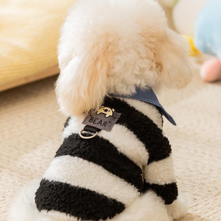 Fleece Striped Denim Collar Dog Cat Harness Sweater