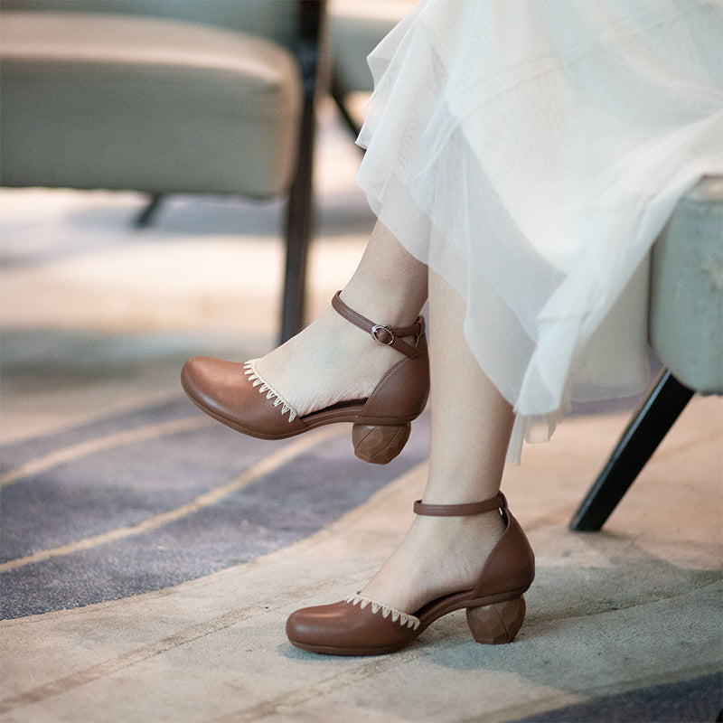 Handmade Woven Leather Sandals Closed Toe 58mm Cylinder Heel Shoes with Ankle Strap in Yellow Brown/Coffee