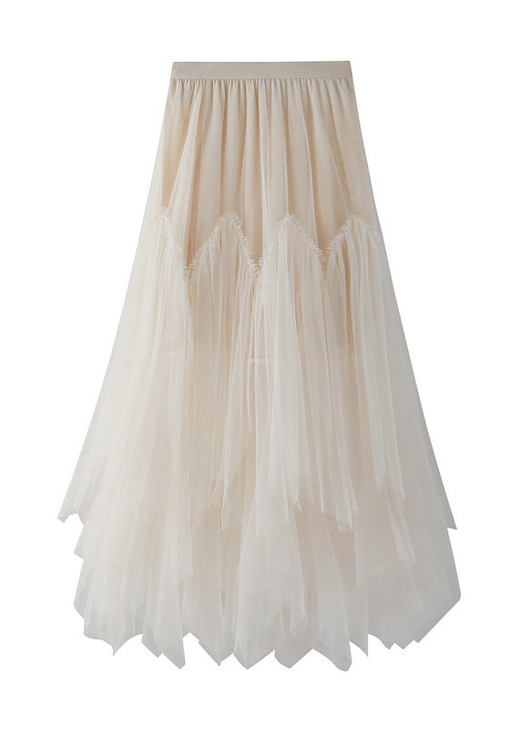 Apricot Asymmetrical Elastic Waist Tulle Pleated Skirt Summer