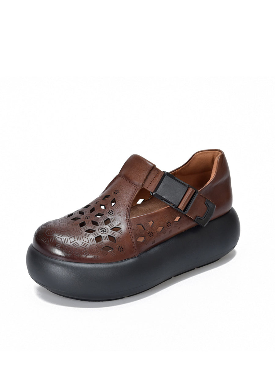 Women Casual Summer Genuine Leather Hollow Out Platform Shoes