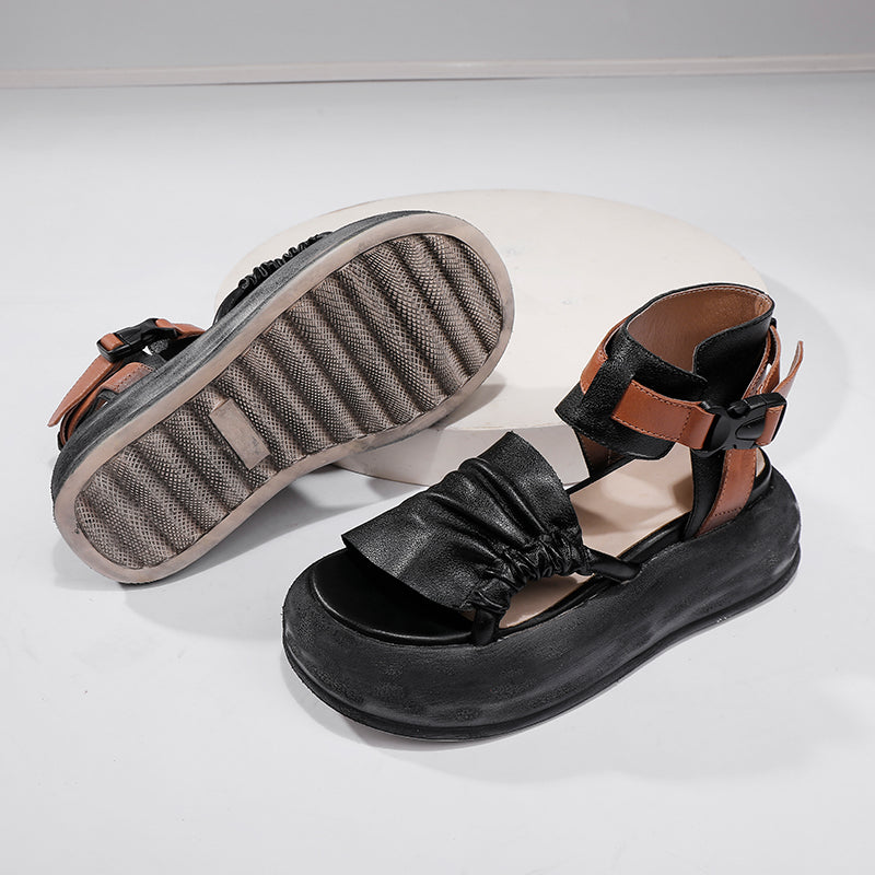 Fashion Peep Toe 65mm Platform Cowhide Slingback Sandals for Women with Buckle in Green/Black