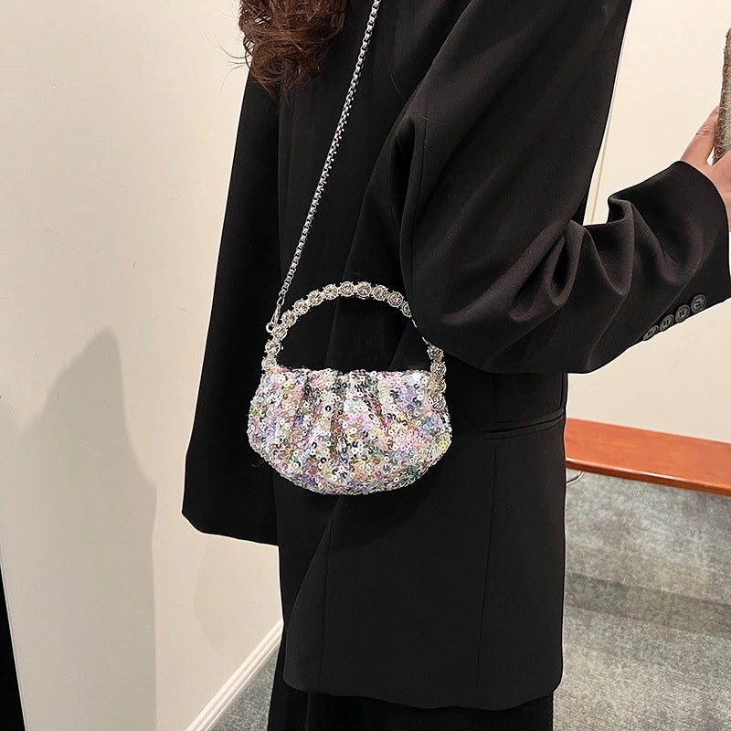 Pink Silver Black Pu Leather Solid Color Sequins Shell Evening Bags