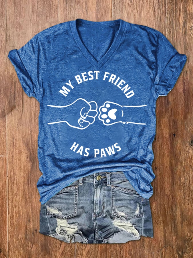 Women's My Best Friend Has Paws Dog And Cat Lovers V-Neck Tee