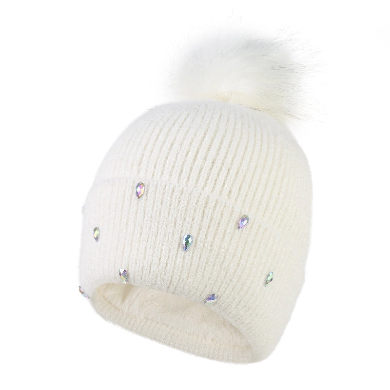 Women's Cute Sweet Solid Color Pom Poms Rhinestone Eaveless Wool Cap