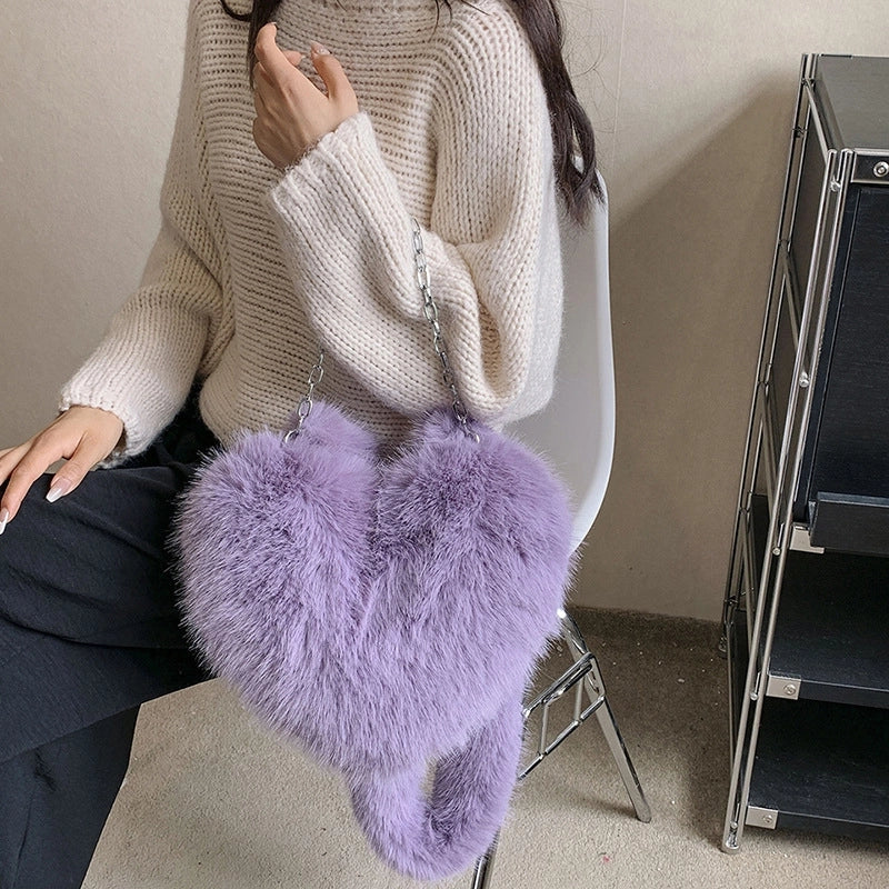Women's Plush Solid Color Cute Heart-shaped Zipper Crossbody Bag