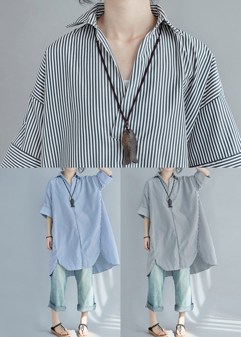 Blue Striped Cotton Shirt Dress Oversized Side Open Summer