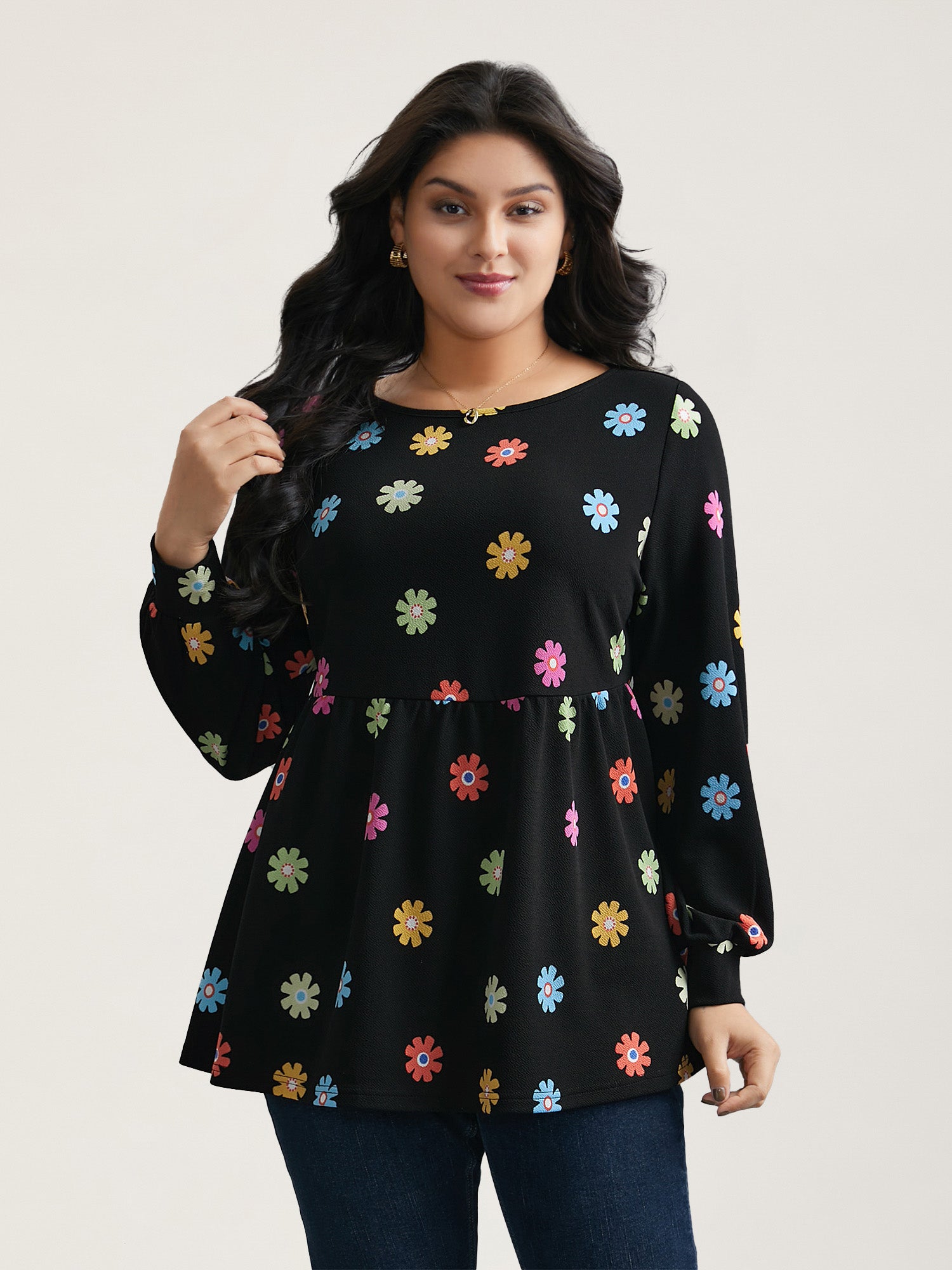 Multi-Color Floral Textured Stretchy Knit Top